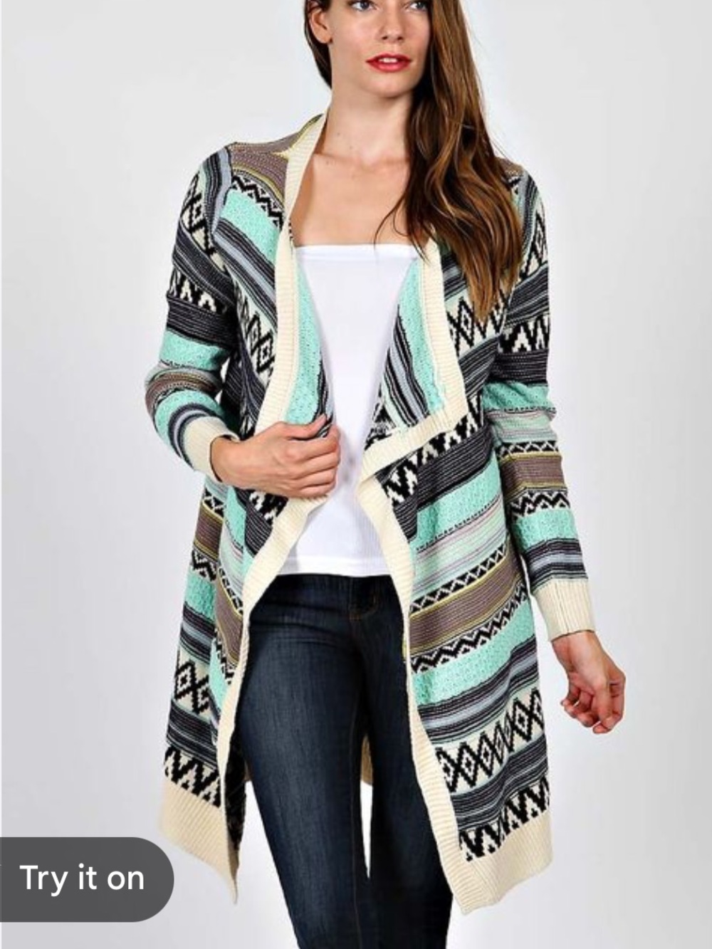 Alya Mint, Cream, Black & Gray Aztec Open-Front Cardigan